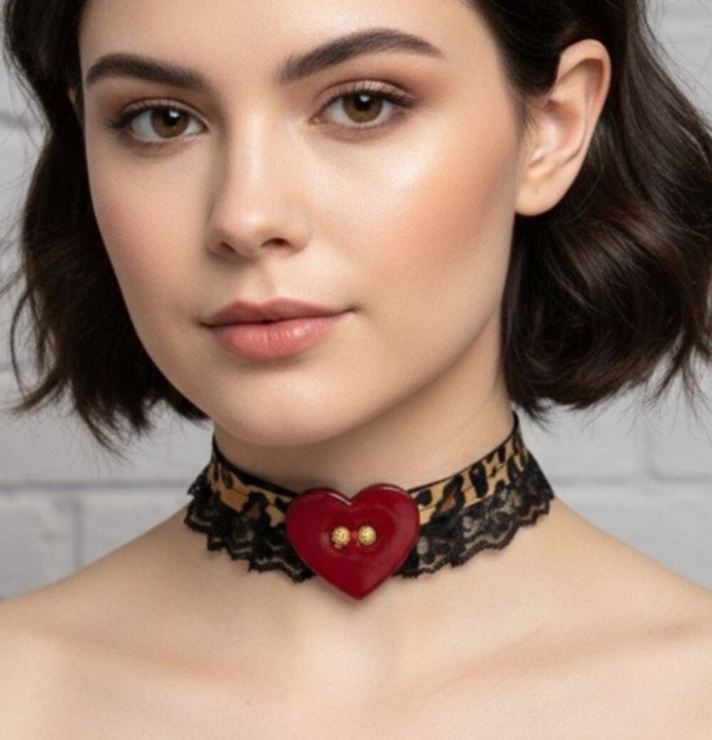 Handmade Whimsigoth Lolita Leopard & Black Lace Choker Necklace with Red Heart